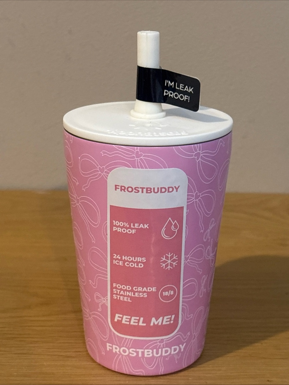 FrostBuddy Kids Stainless Steel Pink Bow Tumbler Cup Lid Straw NEW